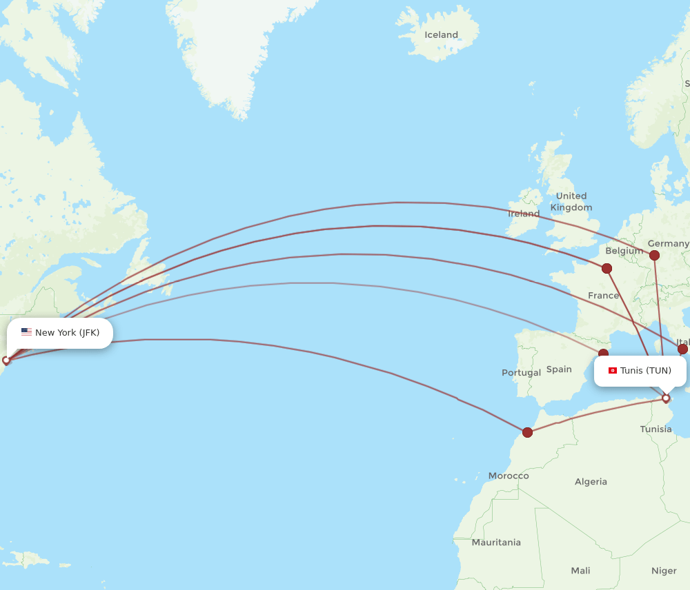 TUN-JFK flight routes