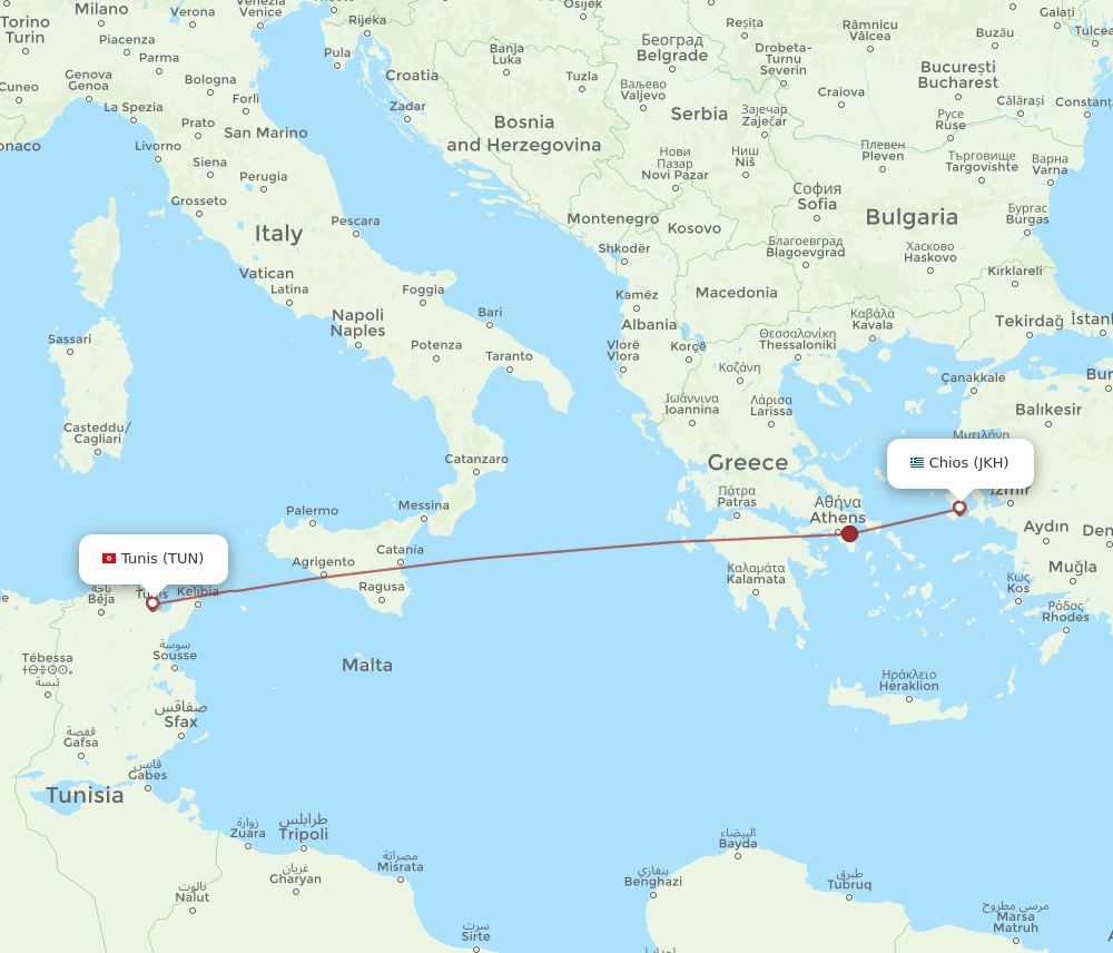 TUN to JKH flights and routes map