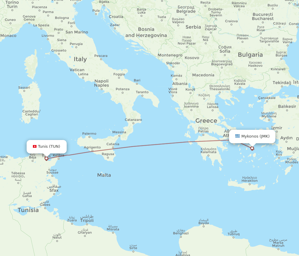 Mykonos - Tunis route map and flight paths