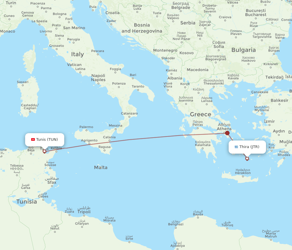TUN to JTR flights and routes map