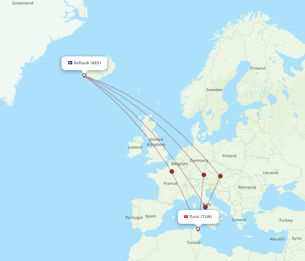 TUN to KEF flights and routes map