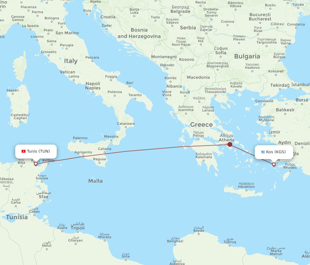 TUN-KGS flight routes