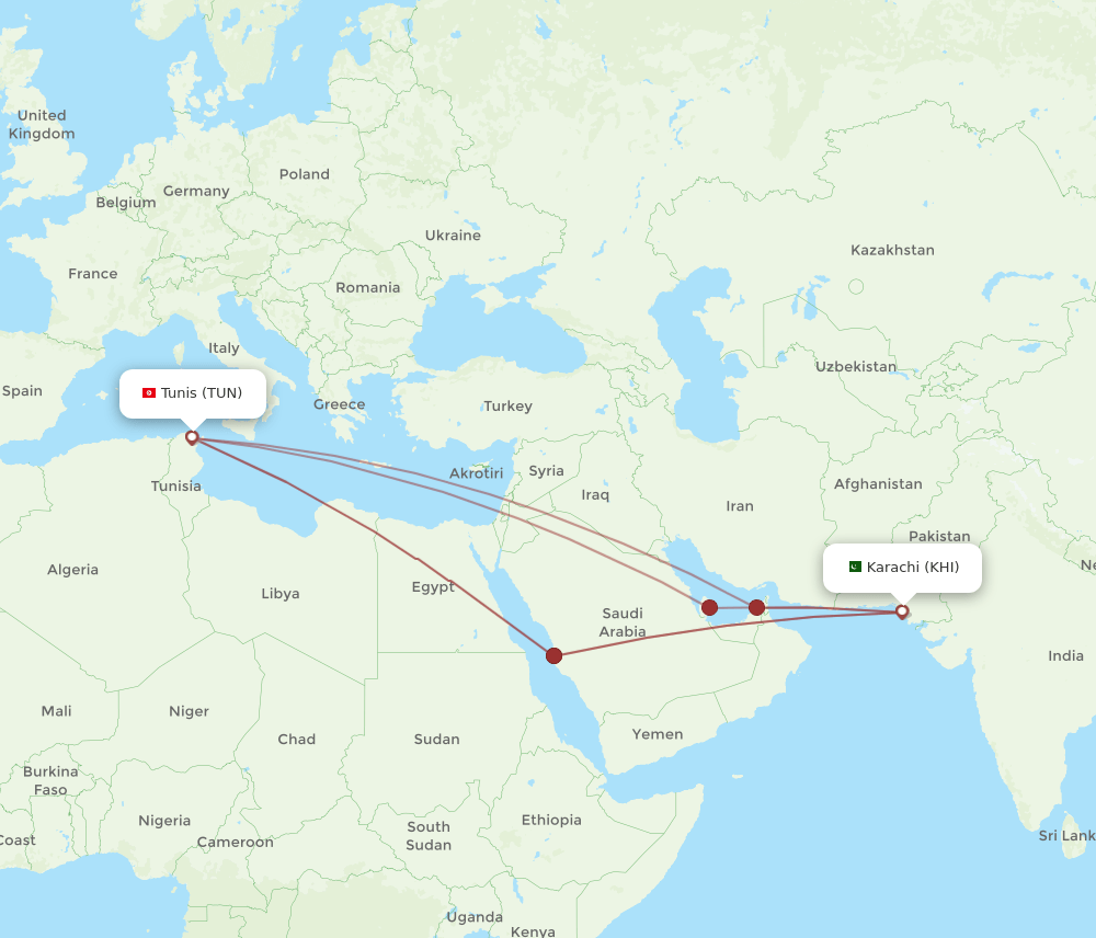 TUN to KHI flights and routes map