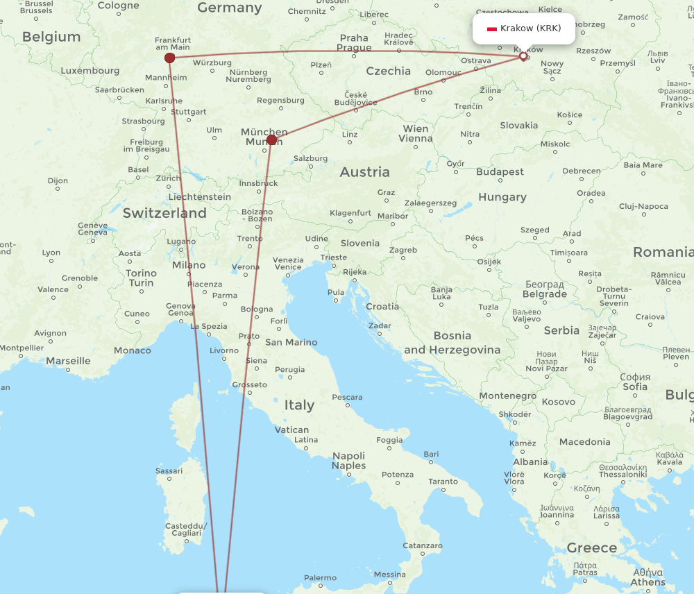 TUN to KRK flights and routes map