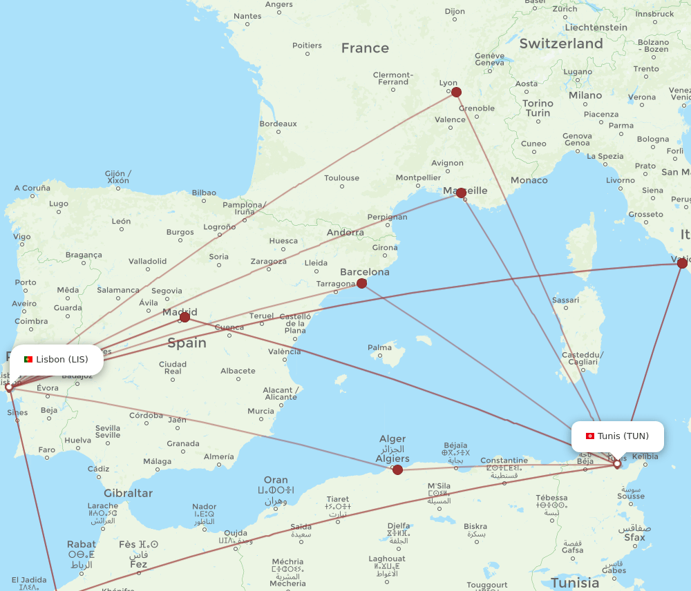TUN-LIS flight routes