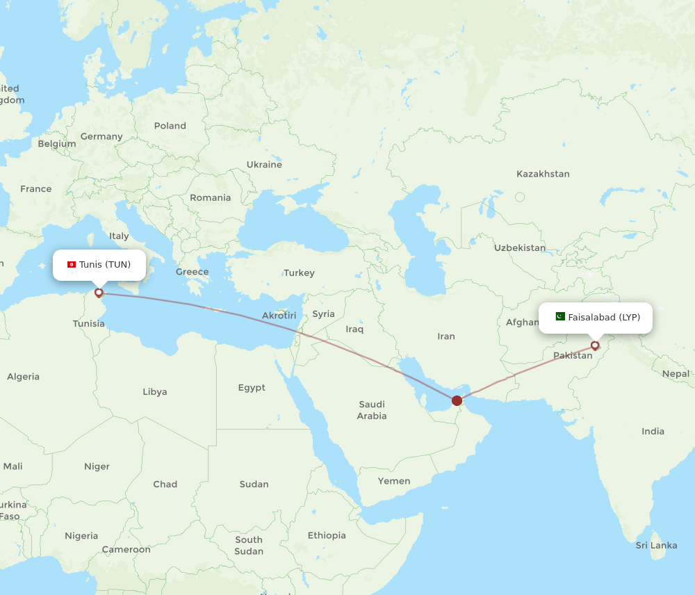 Faisalabad - Tunis route map and flight paths