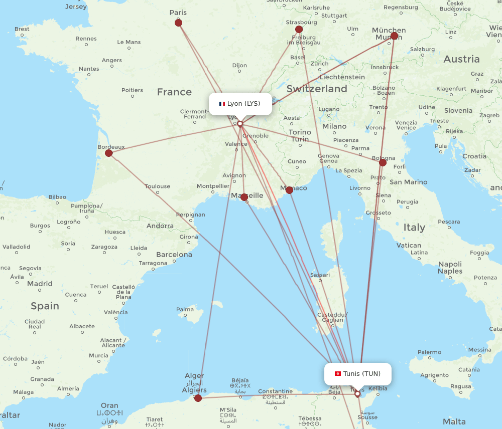 TUN to LYS flights and routes map