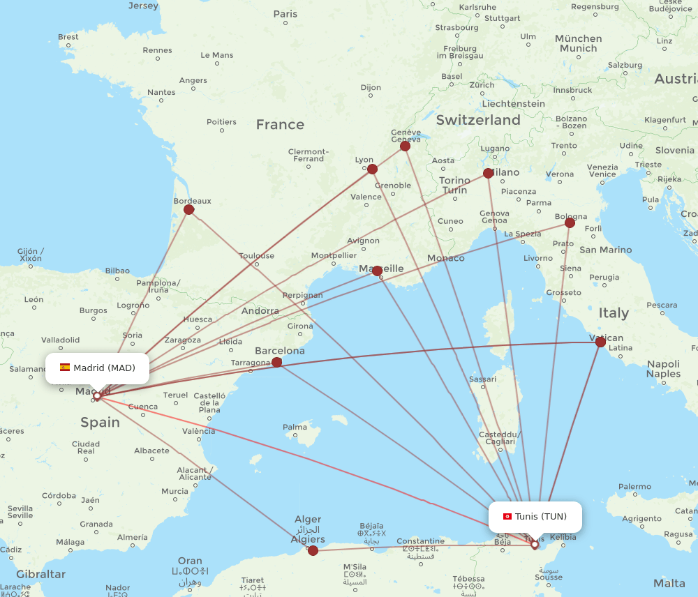 TUN to MAD flights and routes map