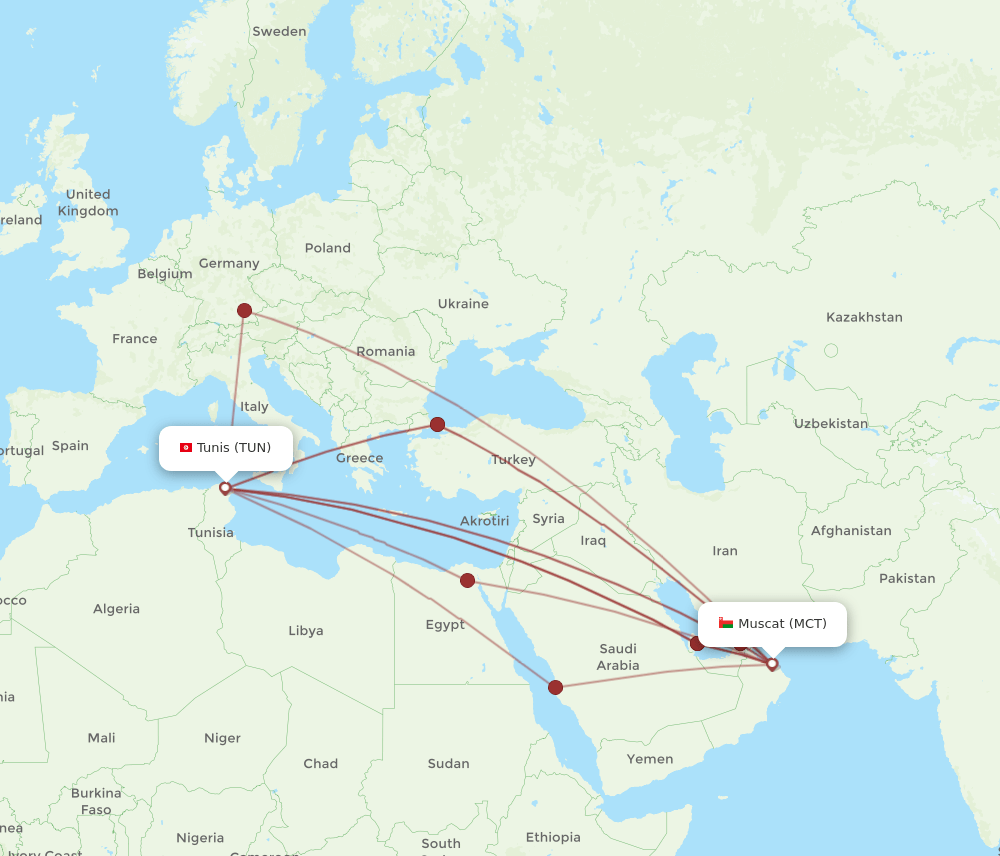 TUN to MCT flights and routes map