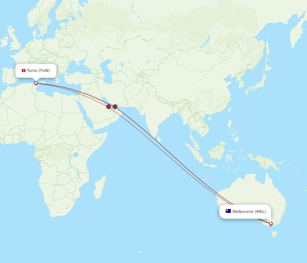 TUN to MEL flights and routes map