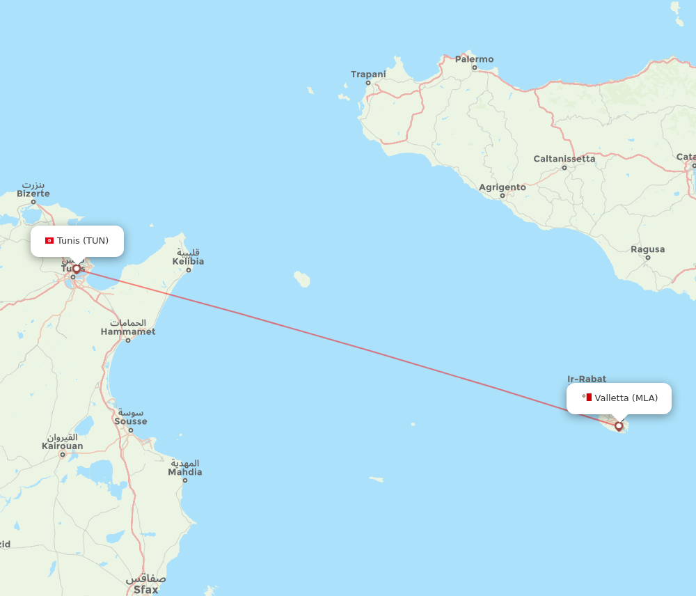 TUN to MLA flights and routes map