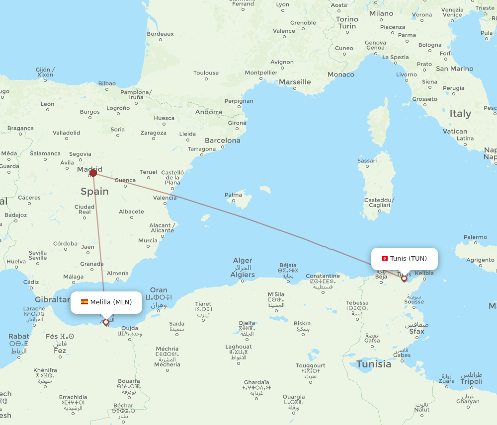 TUN to MLN flights and routes map