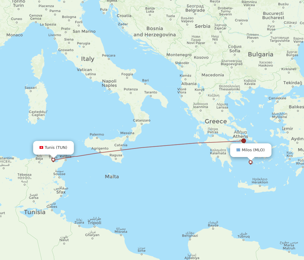 Milos - Tunis route map and flight paths