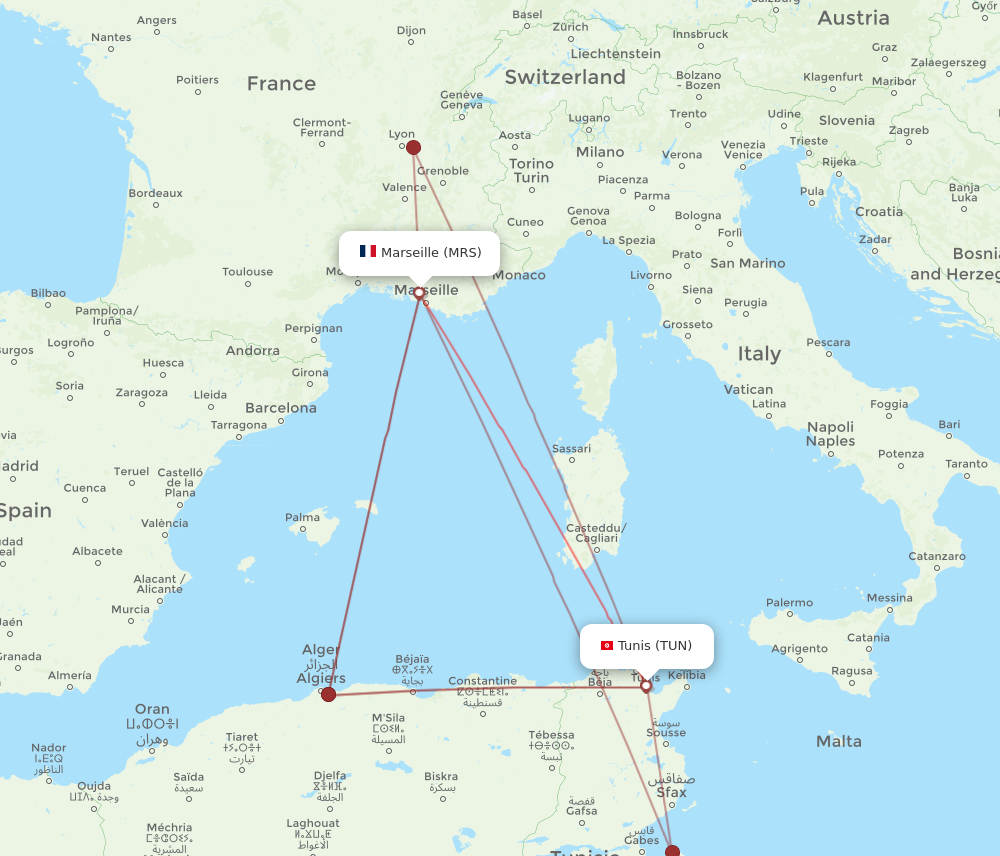 TUN to MRS flights and routes map