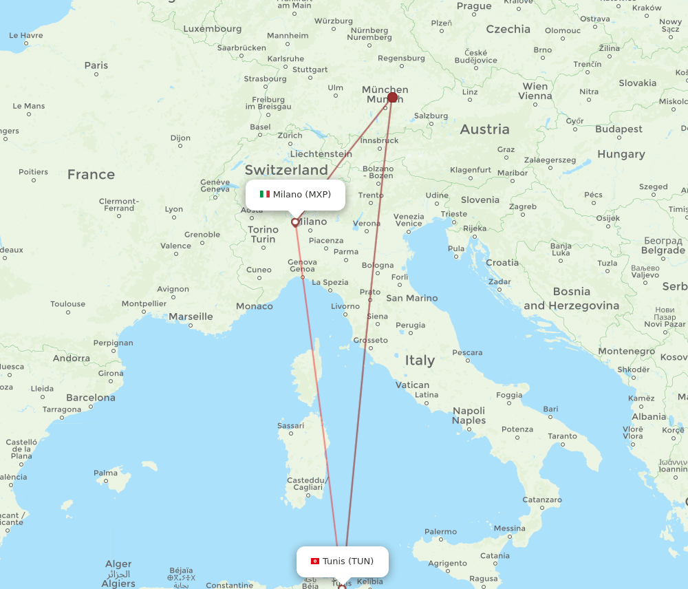 TUN to MXP flights and routes map