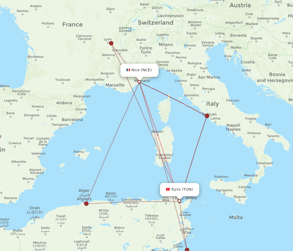 TUN-NCE flight routes