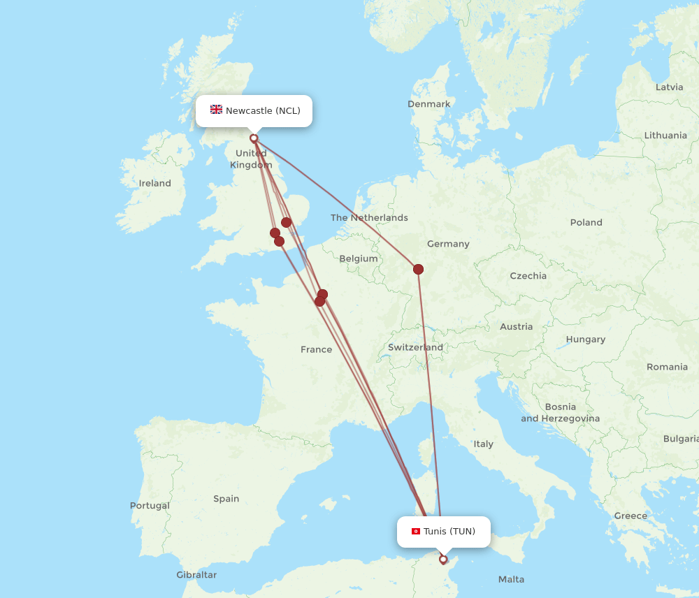 TUN-NCL flight routes