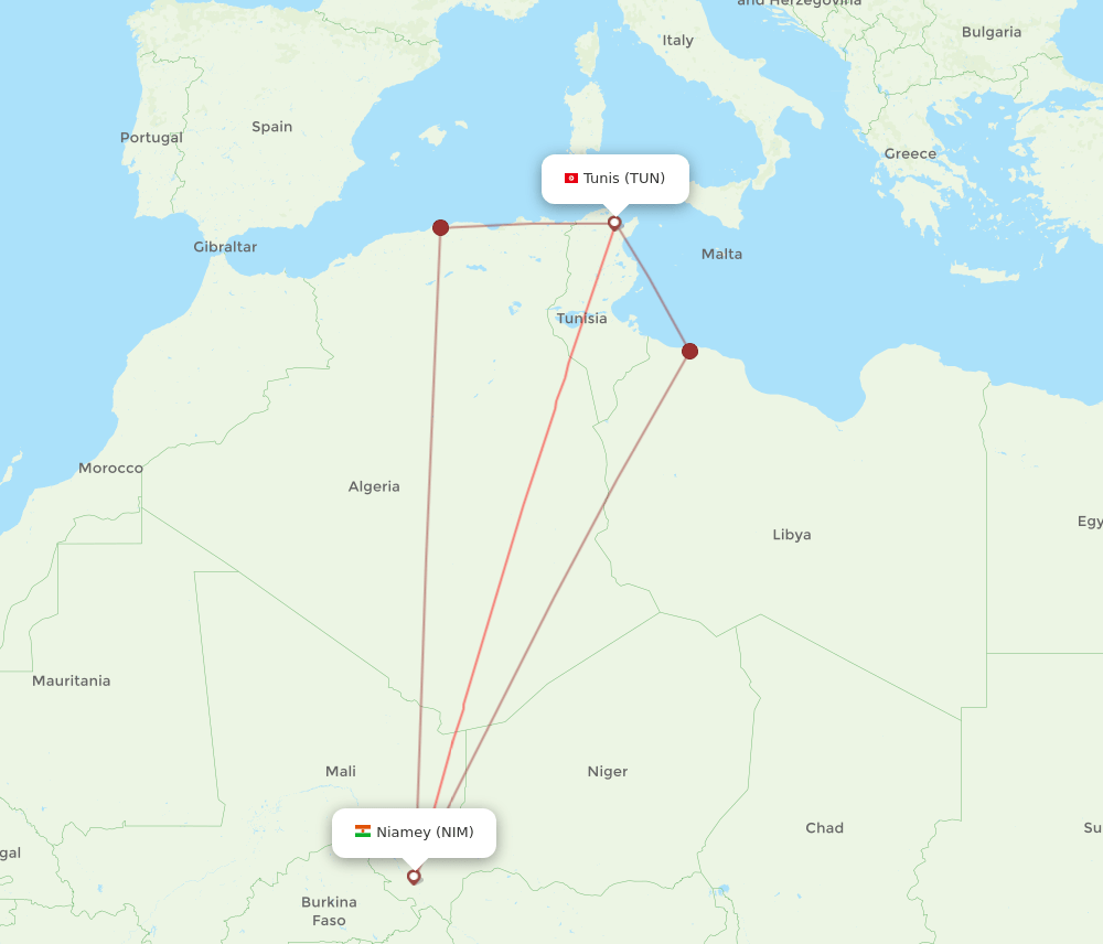 Tunis - Niamey route map and flight paths