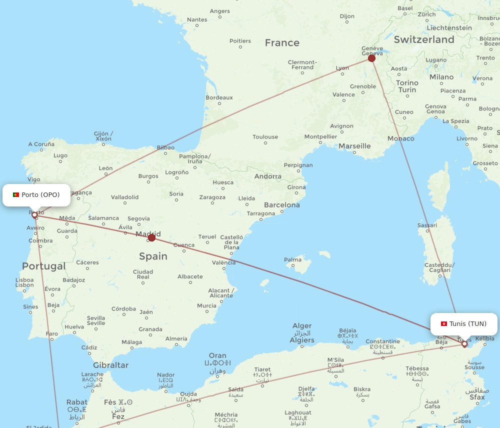 TUN-OPO flight routes