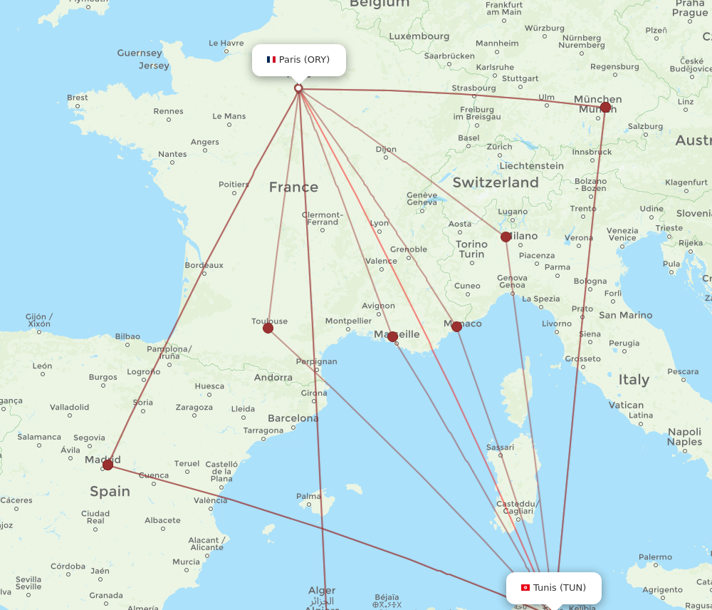 TUN to ORY flights and routes map