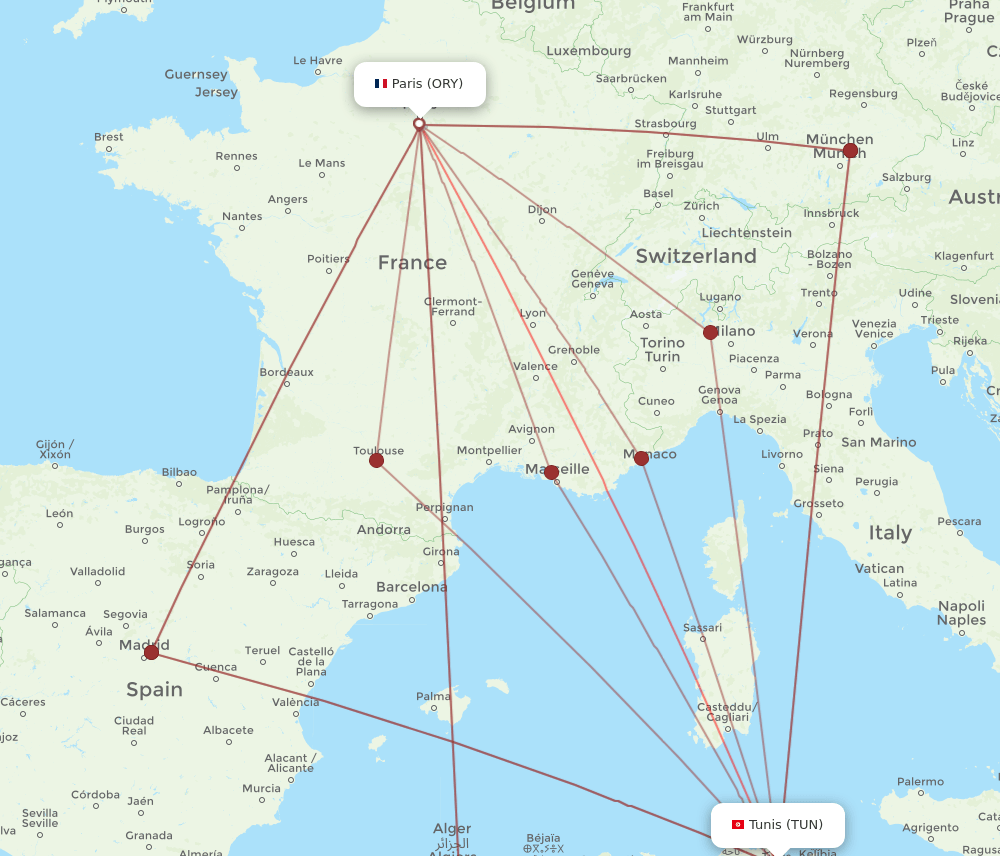 TUN to ORY flights and routes map