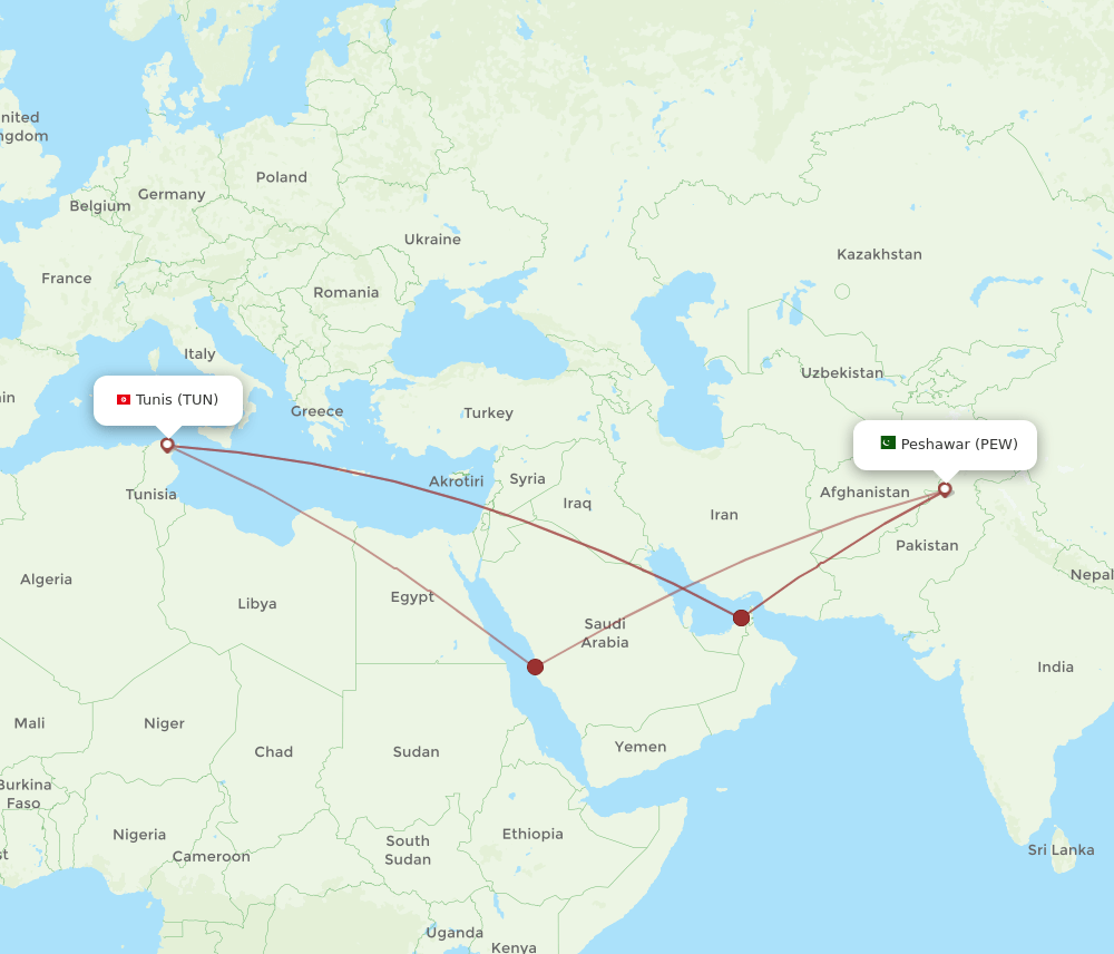 TUN to PEW flights and routes map