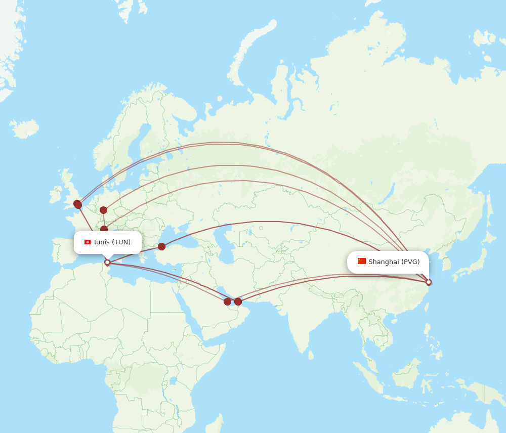 TUN-PVG flight routes