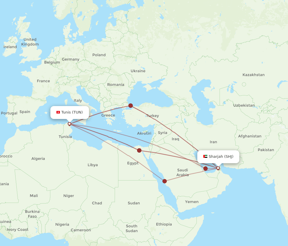 TUN-SHJ flight routes