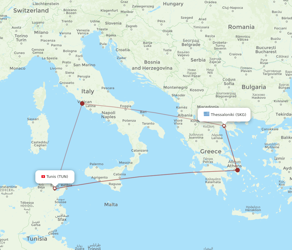 TUN to SKG flights and routes map