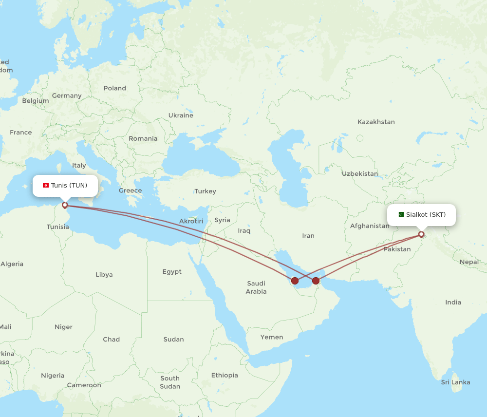 TUN to SKT flights and routes map