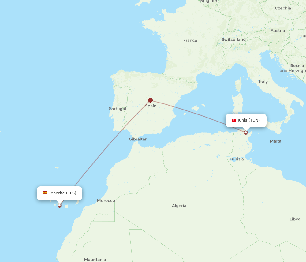 Tenerife - Tunis route map and flight paths