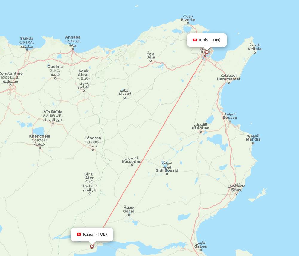 Tunis - Tozeur route map and flight paths
