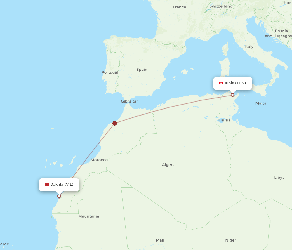 TUN to VIL flights and routes map