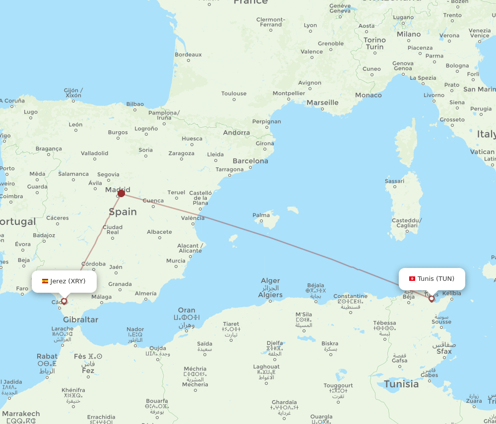 TUN to XRY flights and routes map