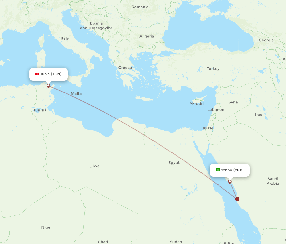 TUN to YNB flights and routes map
