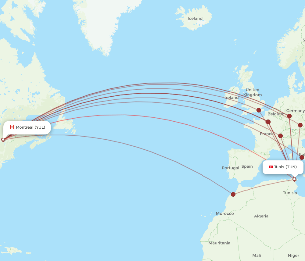 YUL to TUN flights and routes map