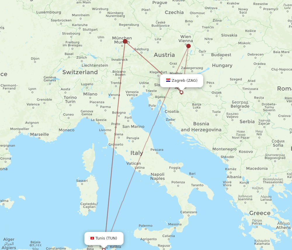 Zagreb - Tunis route map and flight paths