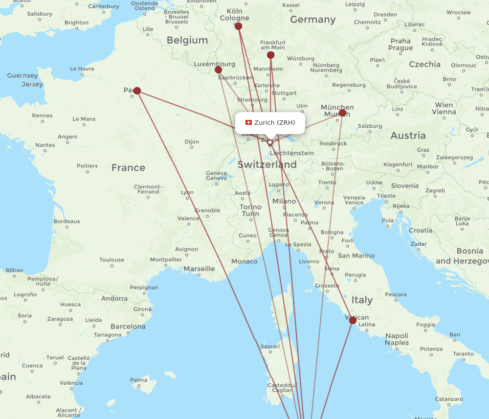 Zurich - Tunis route map and flight paths