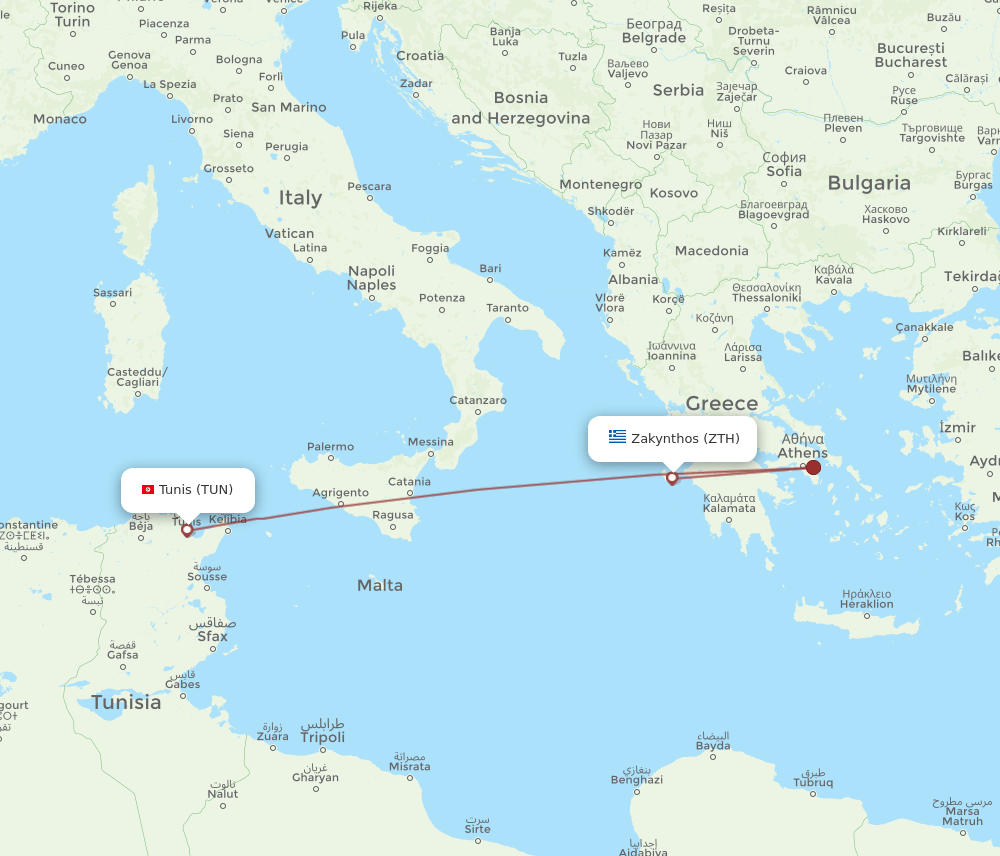 TUN to ZTH flights and routes map