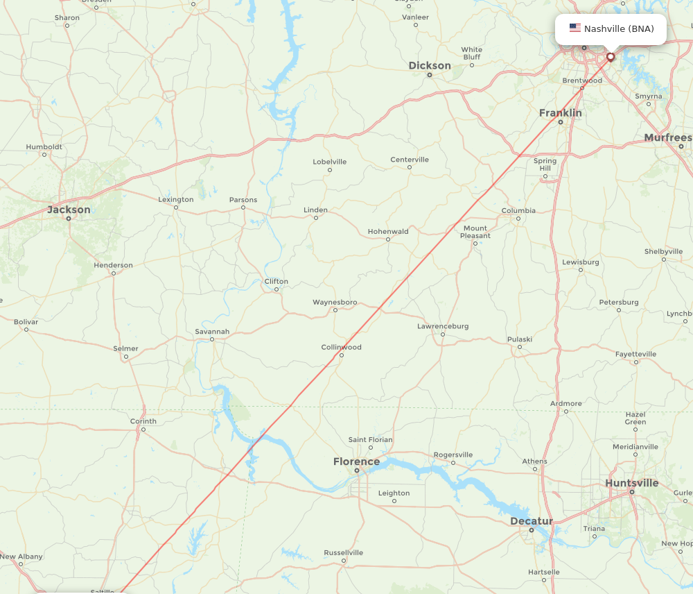 TUP to BNA flights and routes map