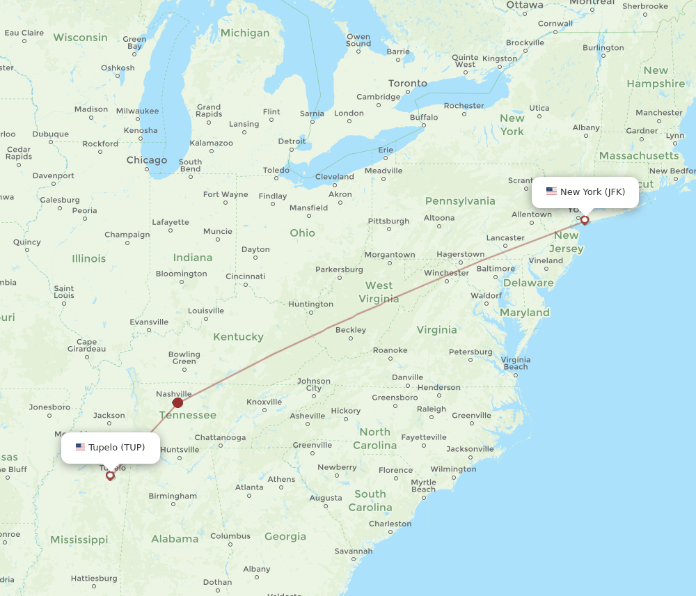 TUP to JFK flights and routes map