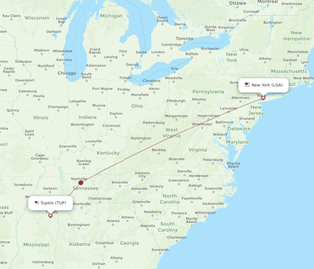 TUP to LGA flights and routes map