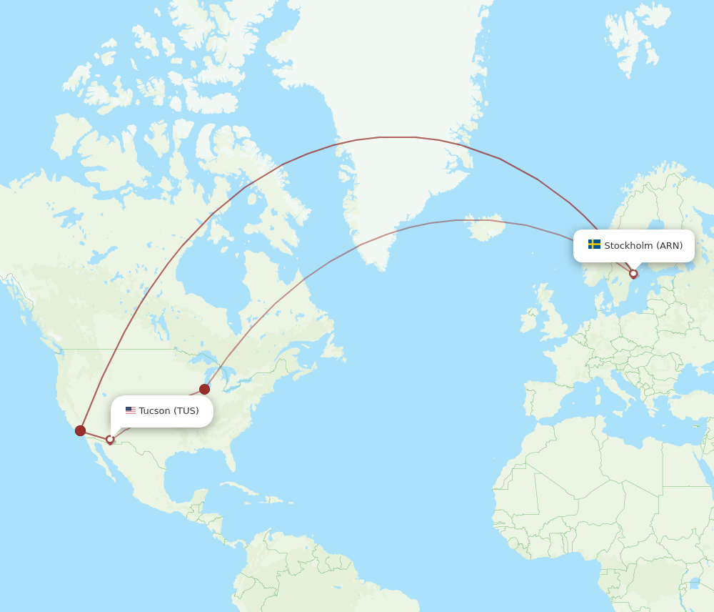 Tucson - Stockholm route map and flight paths