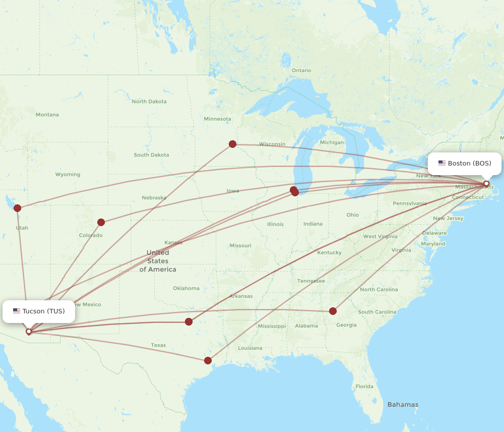TUS-BOS flight routes