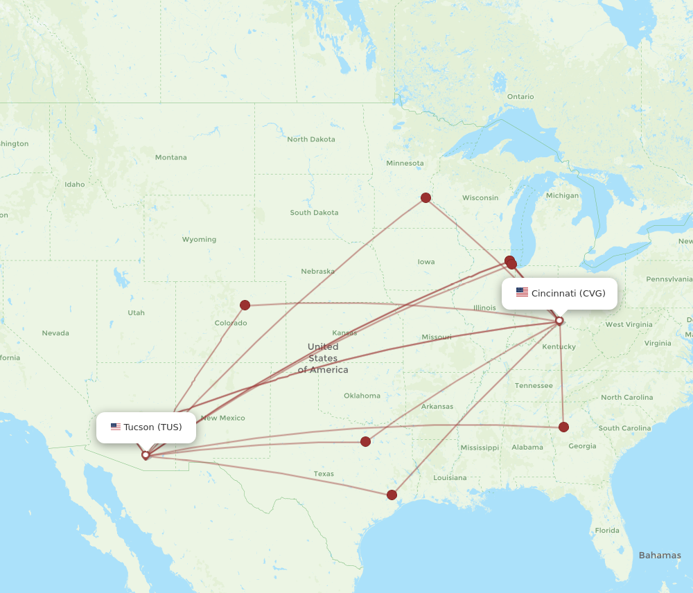 TUS to CVG flights and routes map