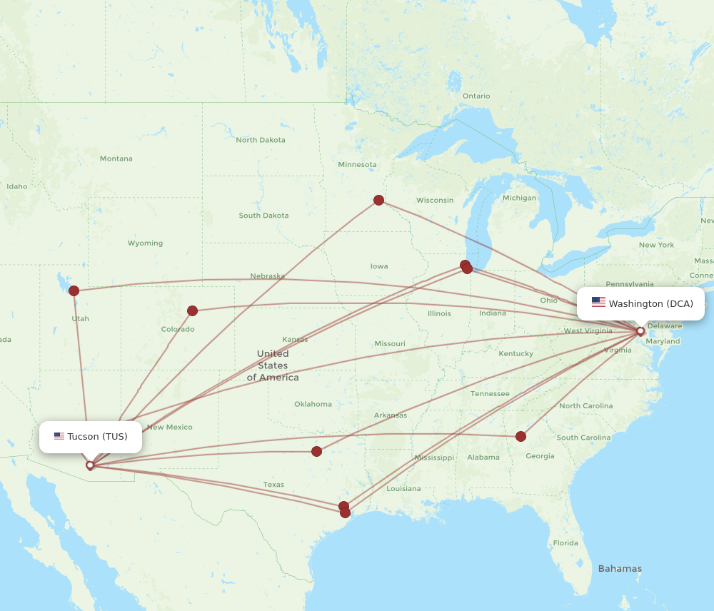 TUS to DCA flights and routes map
