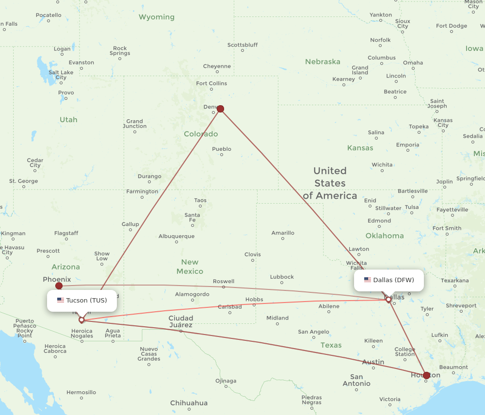 TUS to DFW flights and routes map