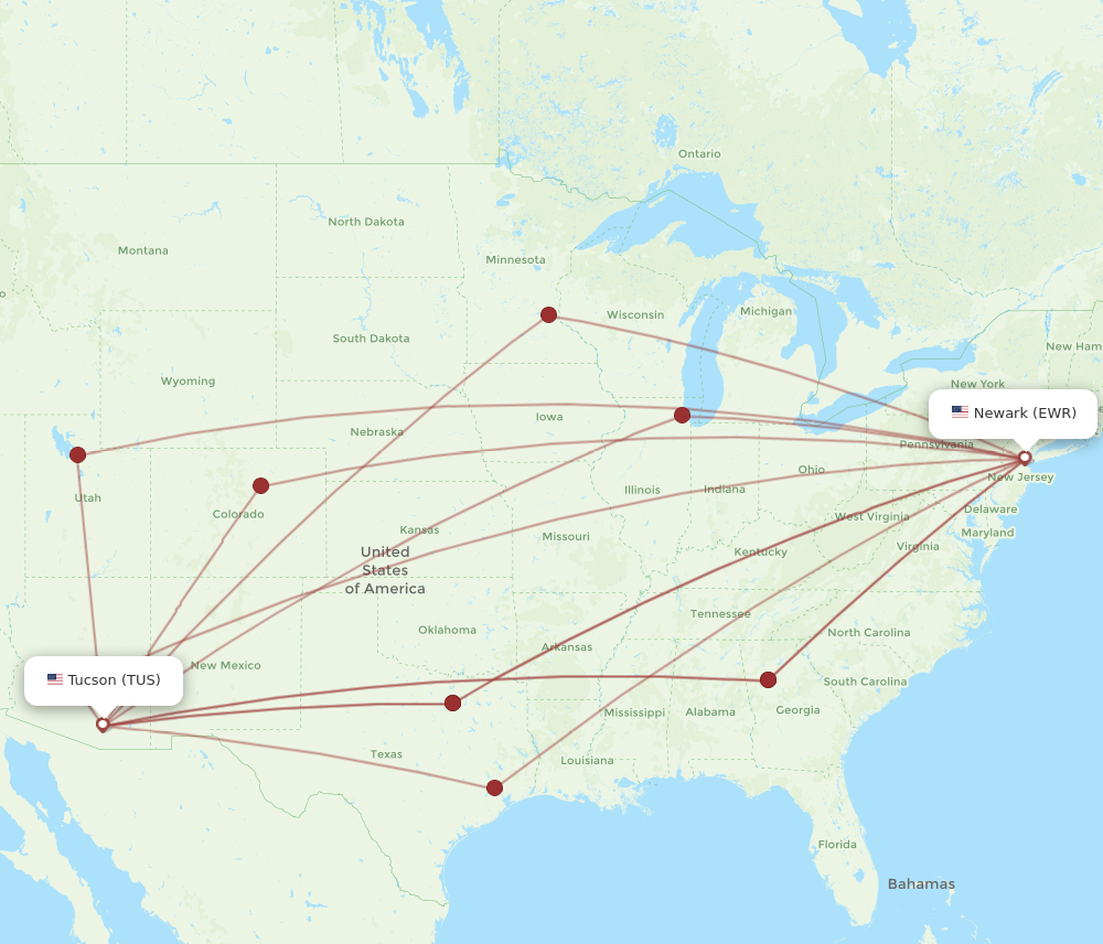 TUS to EWR flights and routes map