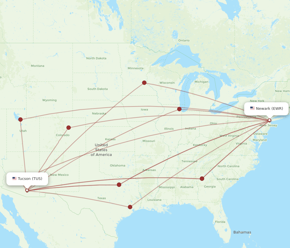 TUS-EWR flight routes