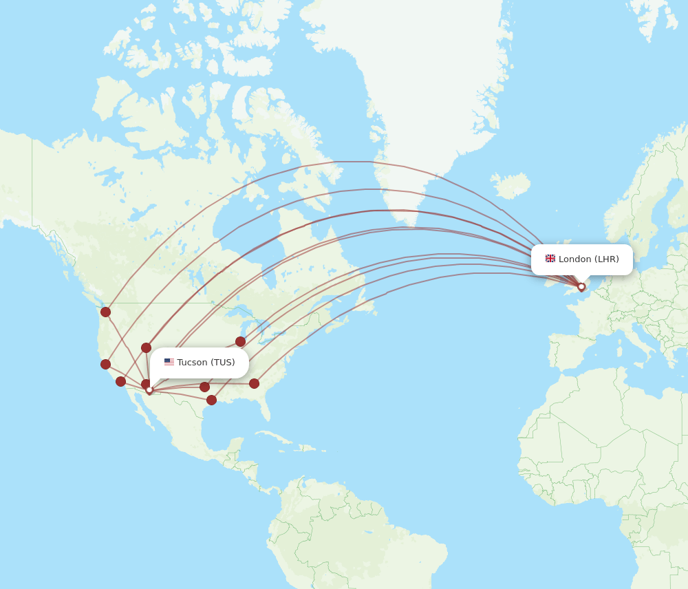 TUS-LHR flight routes